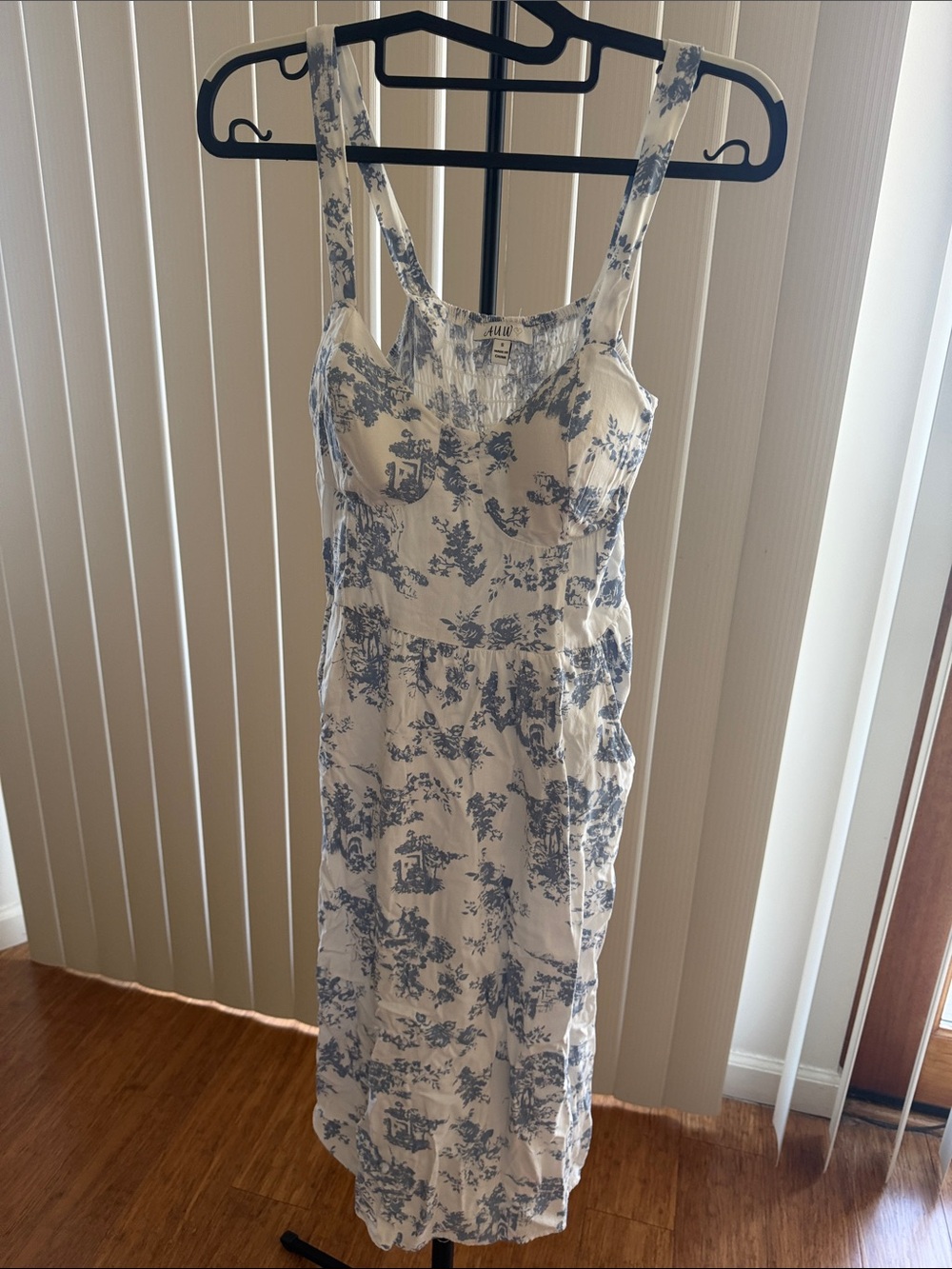 AUW White and Blue Toile Midi Dress